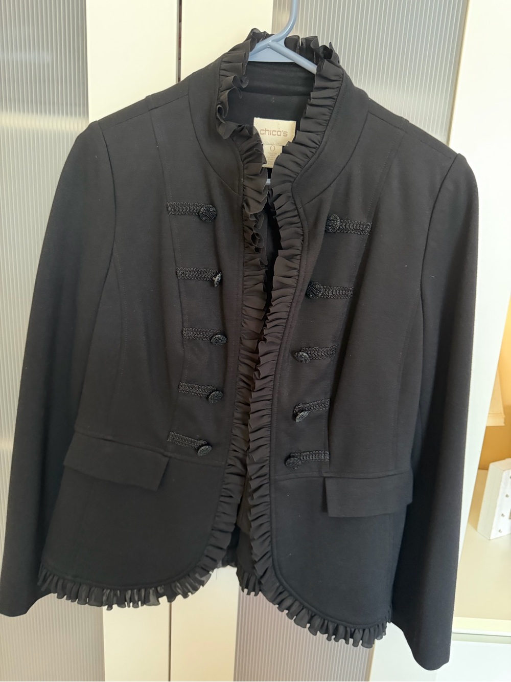 Chico's Black Ruffle-Trim Military-Style Blazer